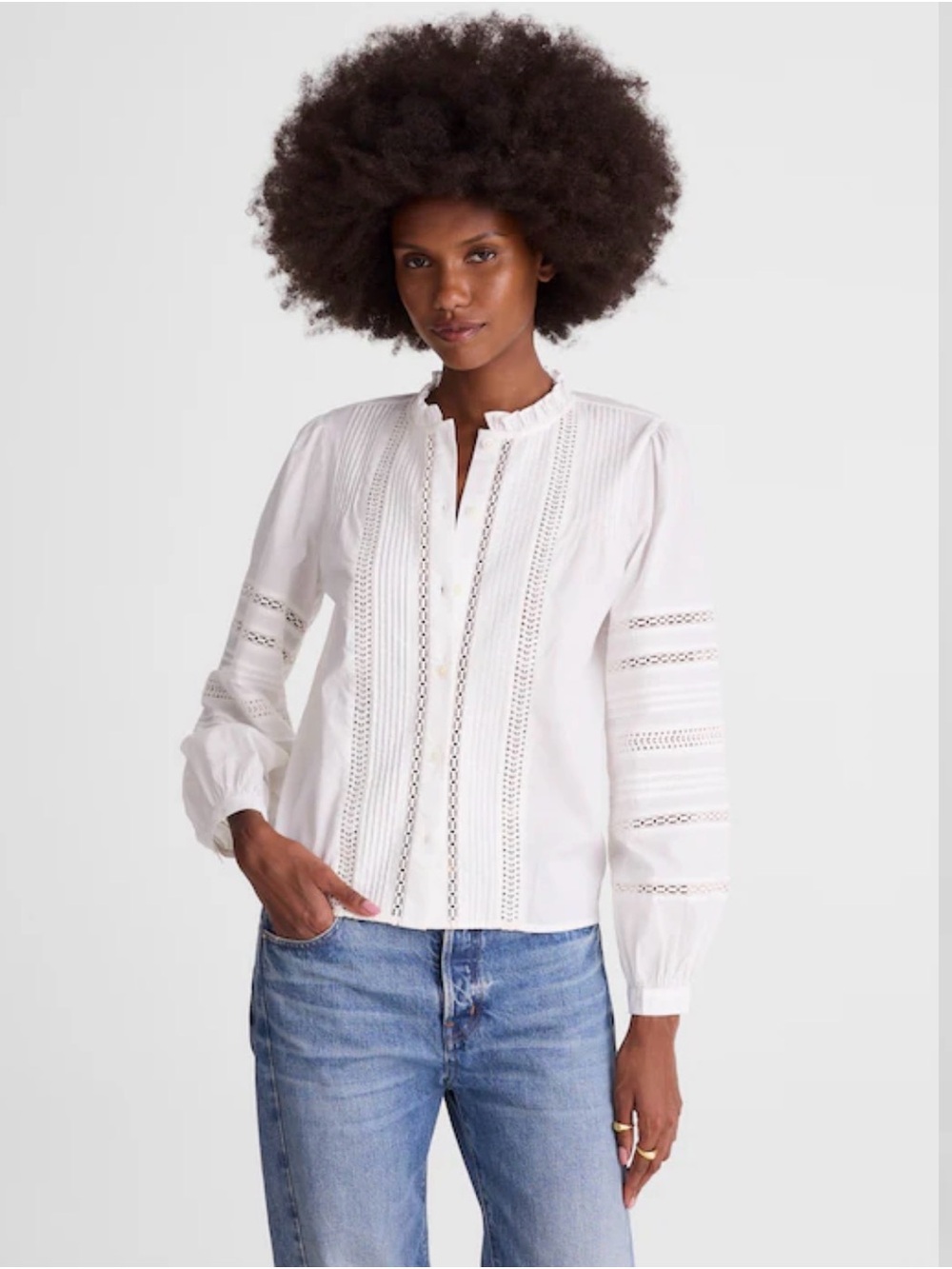 NTW Madewell Lace Insert High-Neck Pintuck Top